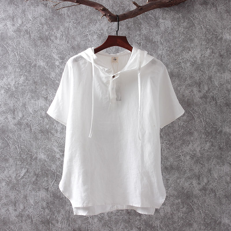 Men's Cotton And Linen Short-sleeved Sweatshirt Hooded T-shirt Ethnic Style